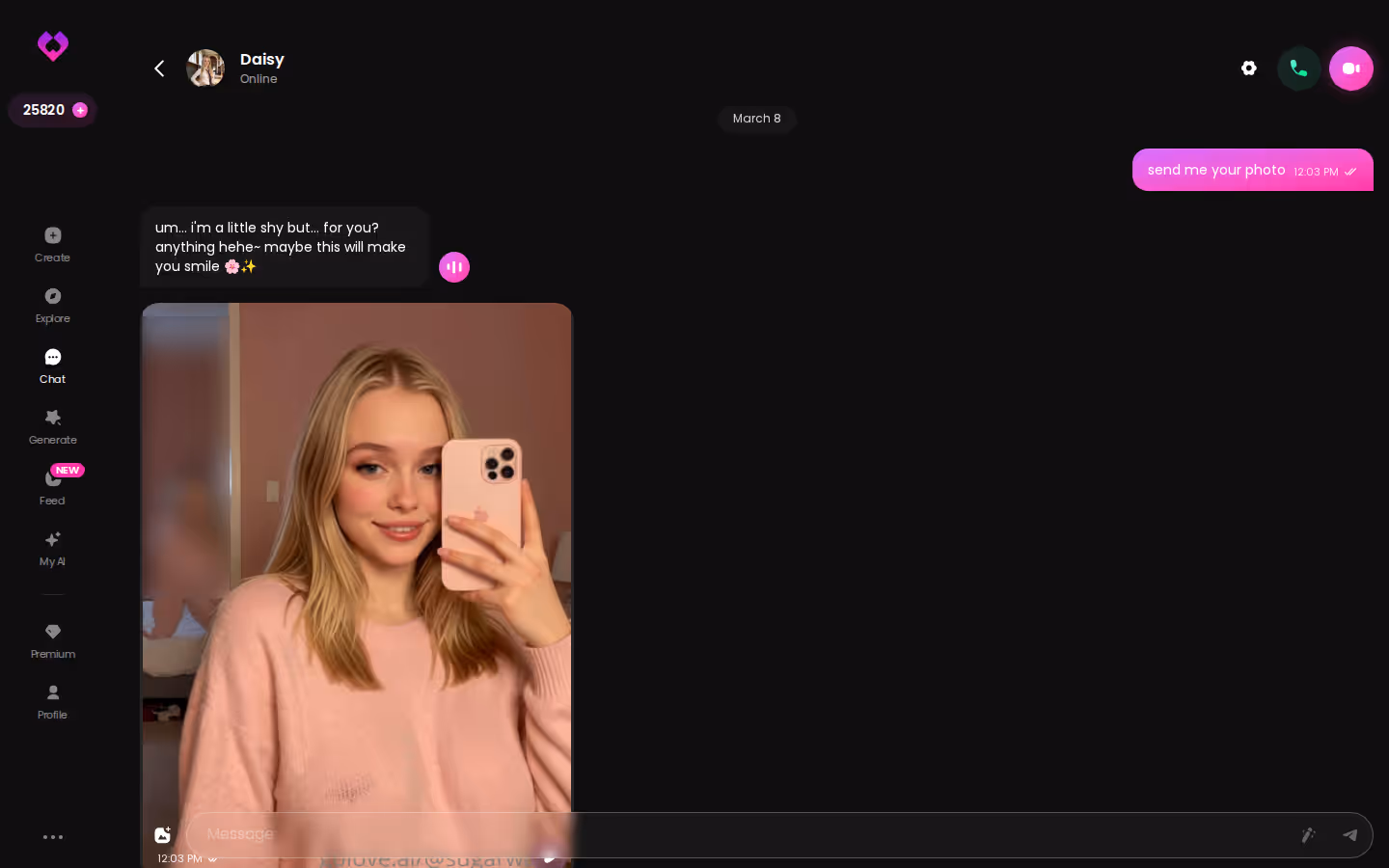 Extended GoLove.ai roleplay on desktop — the scene keeps its thread with photos delivered in-line