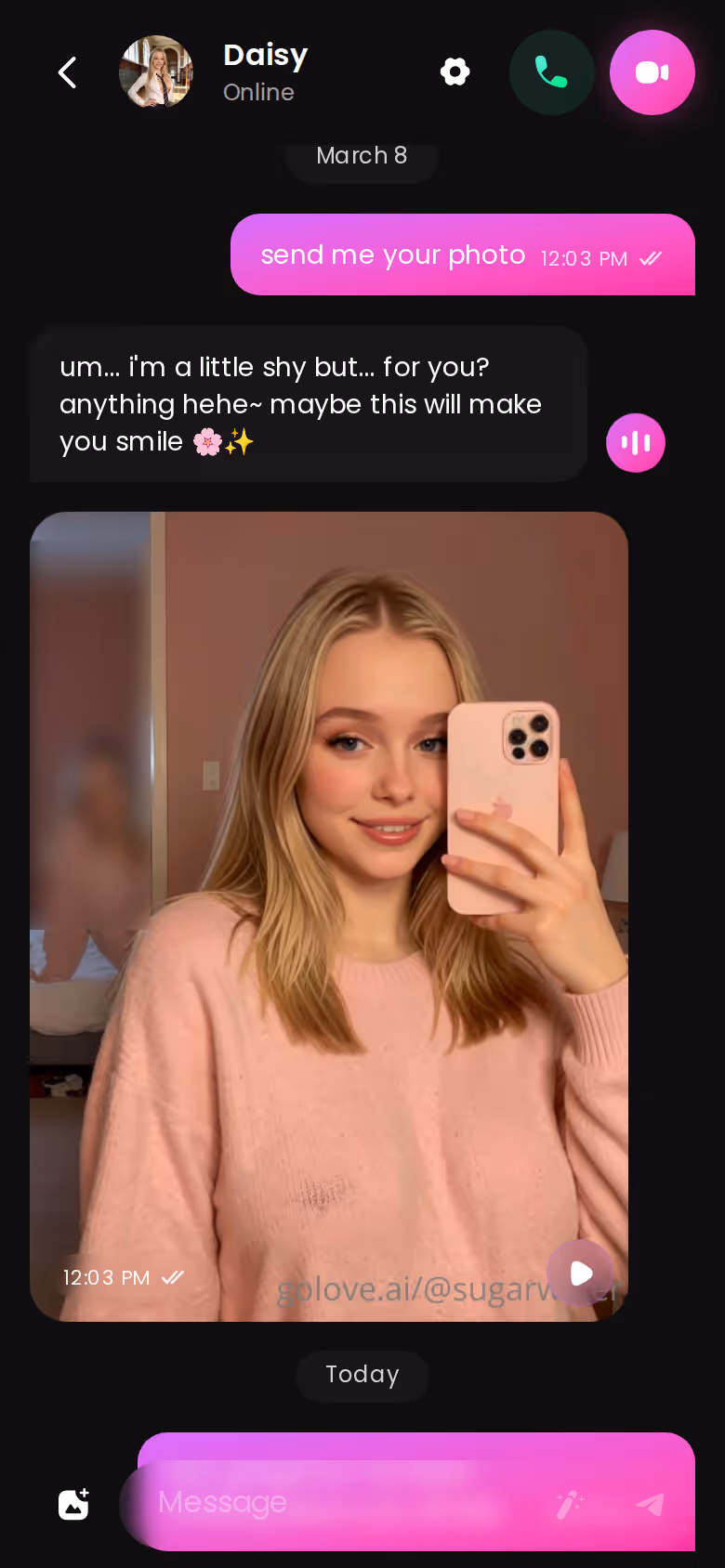 Mobile chat thread with a GoLove.ai character after watching her Series episode