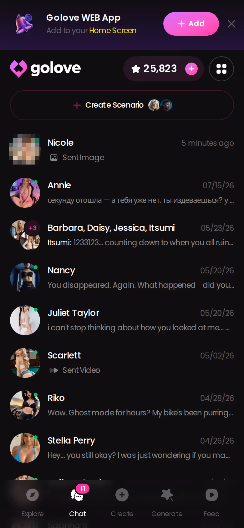 GoLove.ai chats list on mobile showing several characters with last-message previews