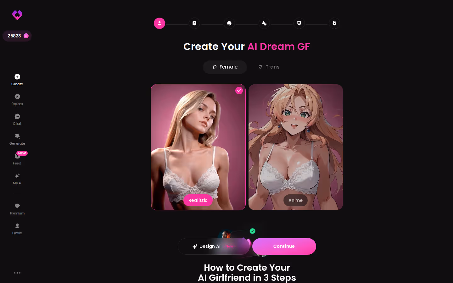 GoLove.ai Create wizard start screen on desktop with character type options