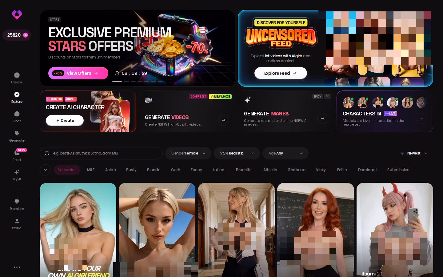 GoLove.ai Explore page with realistic characters ready to chat instantly