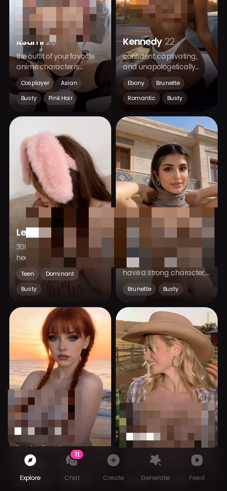 GoLove.ai mobile Explore grid of realistic characters