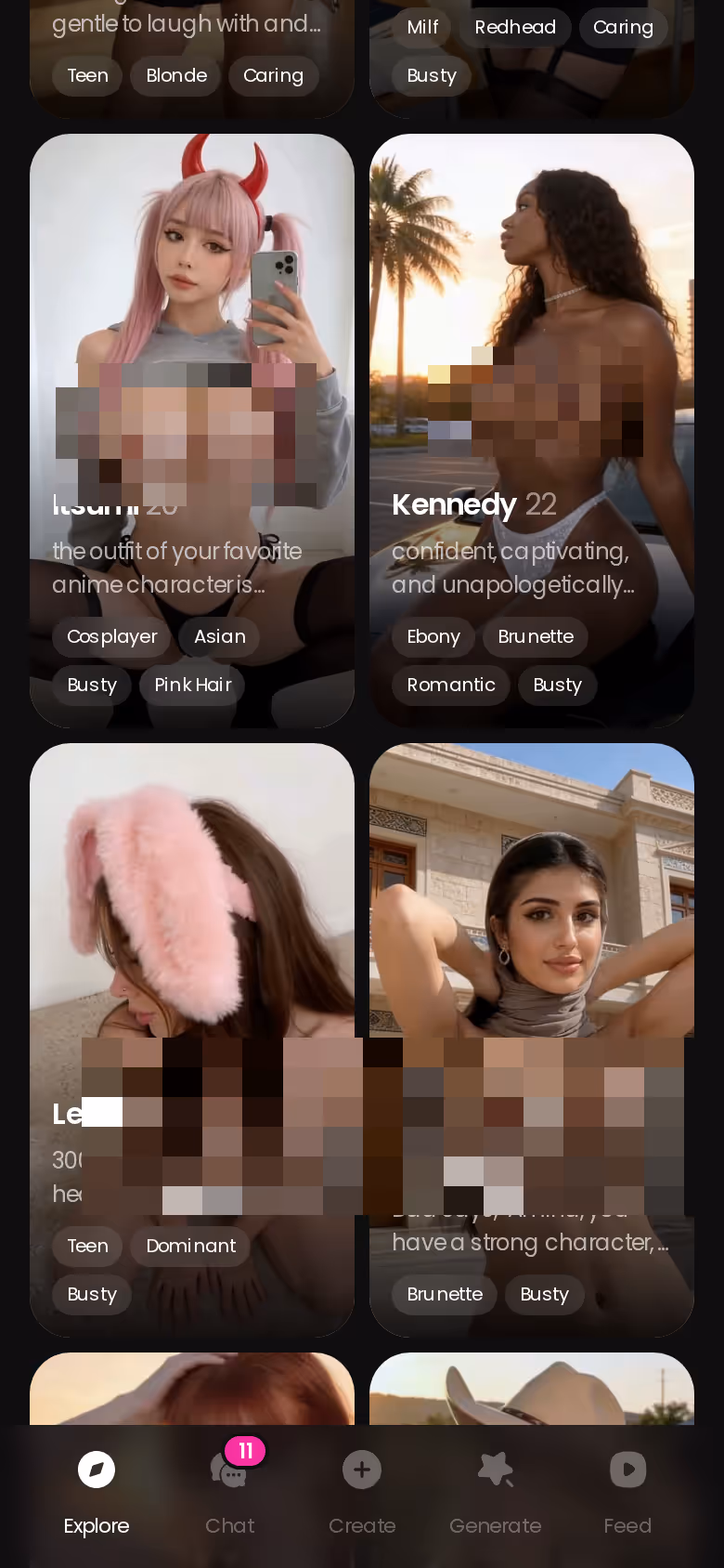 GoLove.ai Explore page on mobile showing a roster of realistic AI companion characters