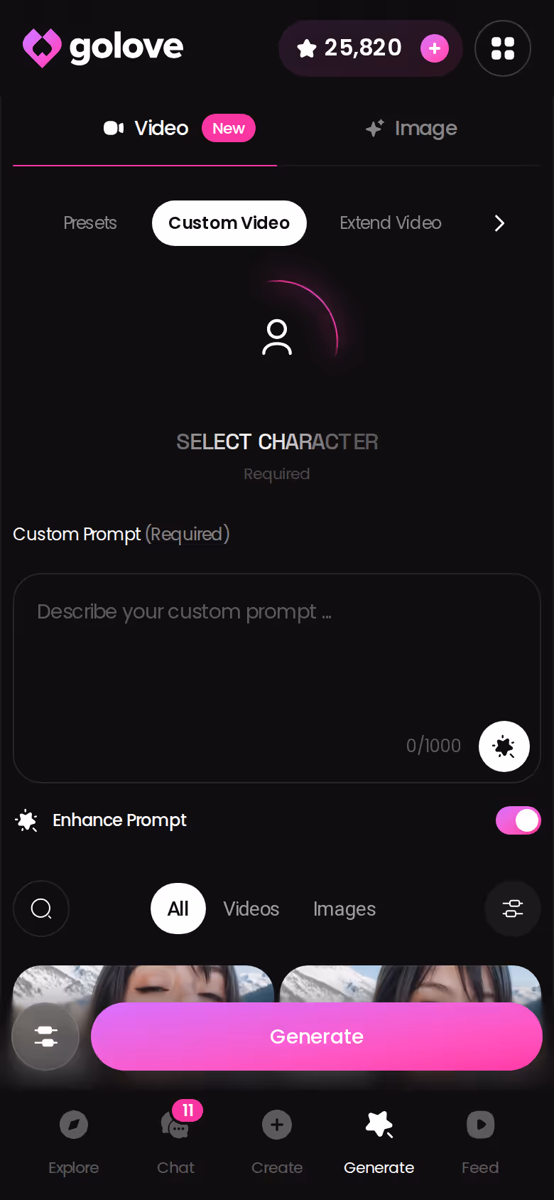 GoLove.ai mobile video generator, the same screen Remix opens into