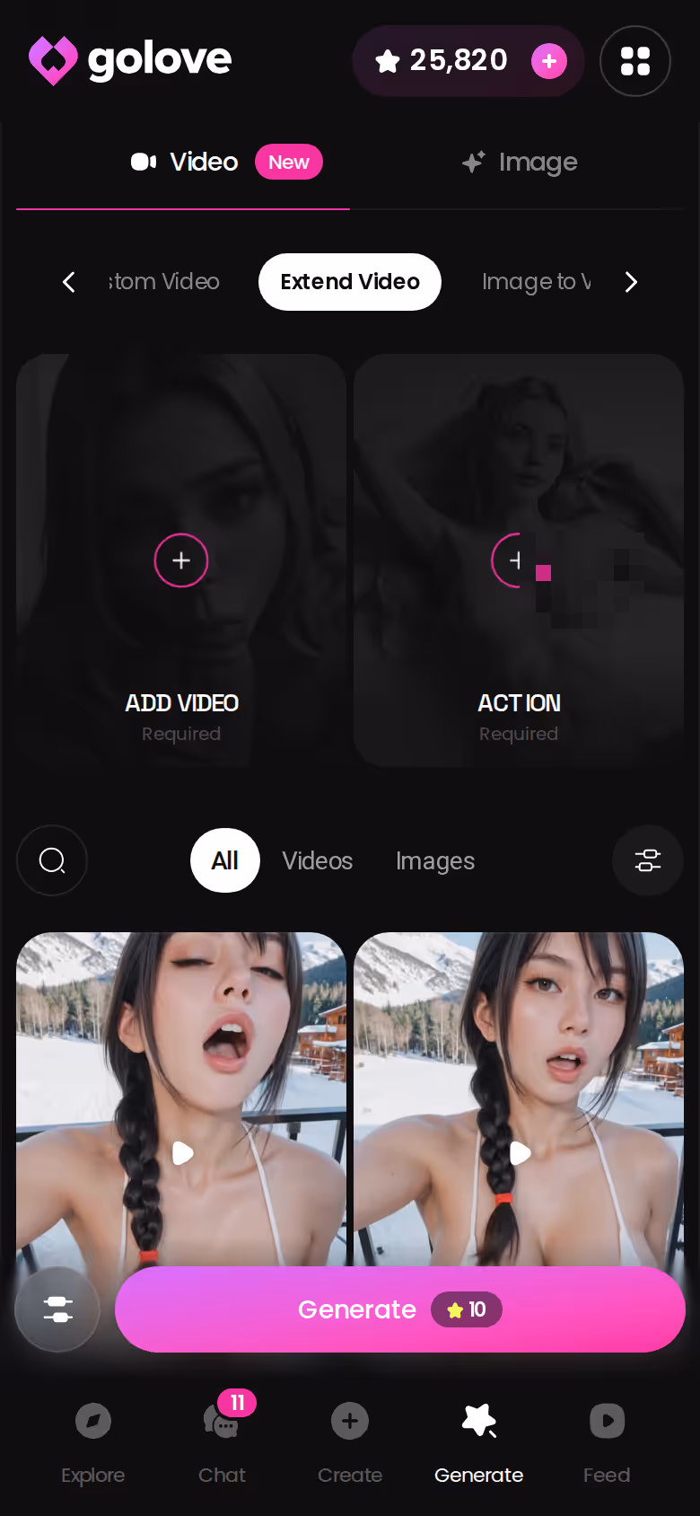 GoLove.ai mobile video generator extending a clip