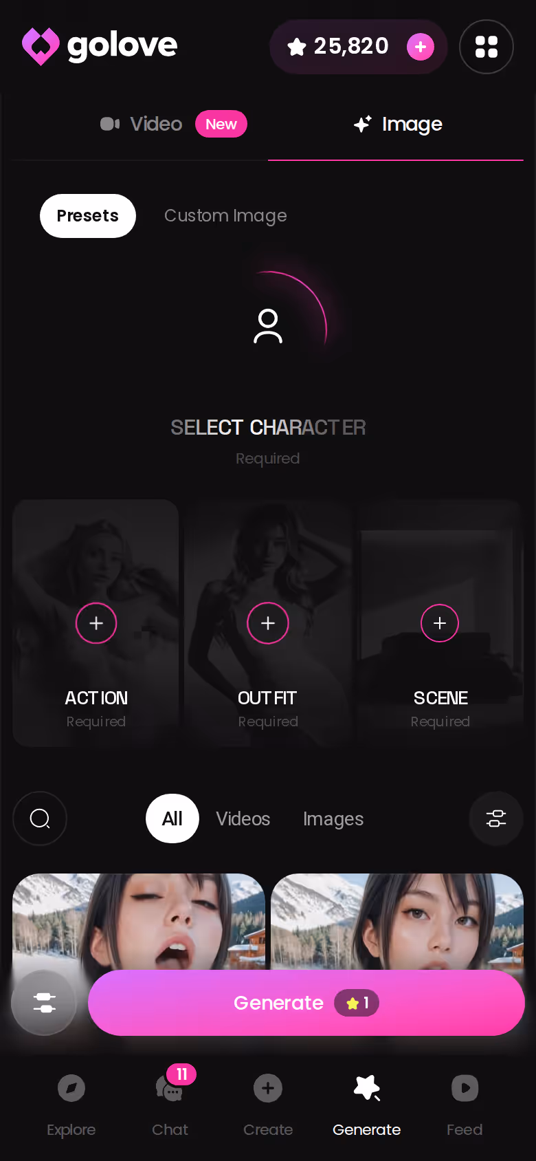 GoLove.ai image generator in Image mode on mobile