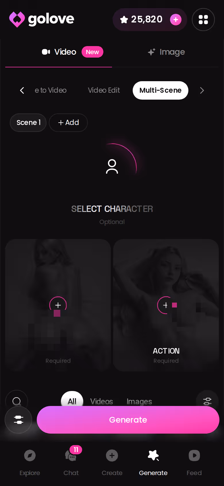GoLove.ai video generator with multi-scene preset cards on mobile